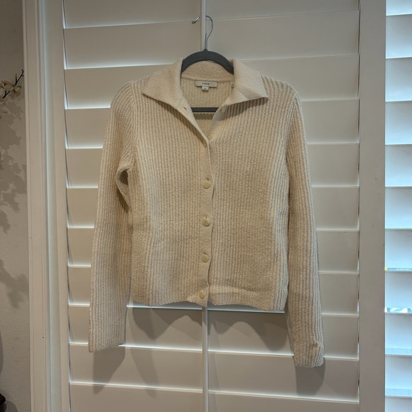 VINCE EUC Ribbed Polo Cardigan Knit Sweater Natural Ivory Cream S - Picture 2 of 5